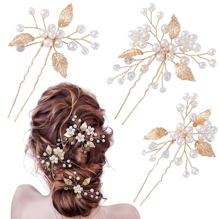 Pearl Wedding Hair Pins U-Shaped Gold Leaf Hair Accessories Head Pieces for Bride Women Girls Party