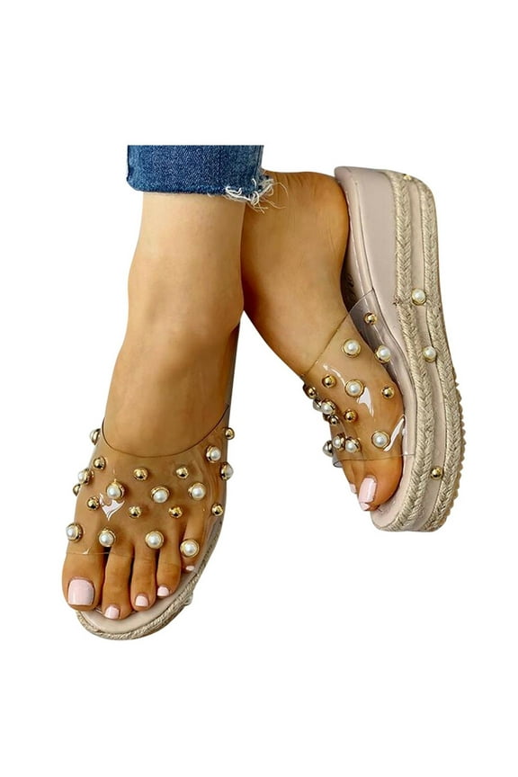 Pearl Wedge Slides Sandals for Women Espadrilles Flatform Wedges Sandal Summer Open Toe Crystal Sildes Shoes
