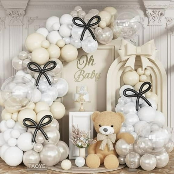 Pearl White Balloon Arch Kit, 117PCS Bow Long Balloons and Pearl Sand White Ivory Matte White Balloons Garland with 3PCS Clear Balloons for Wedding Engagement Birthday Baby Shower Party Decoration