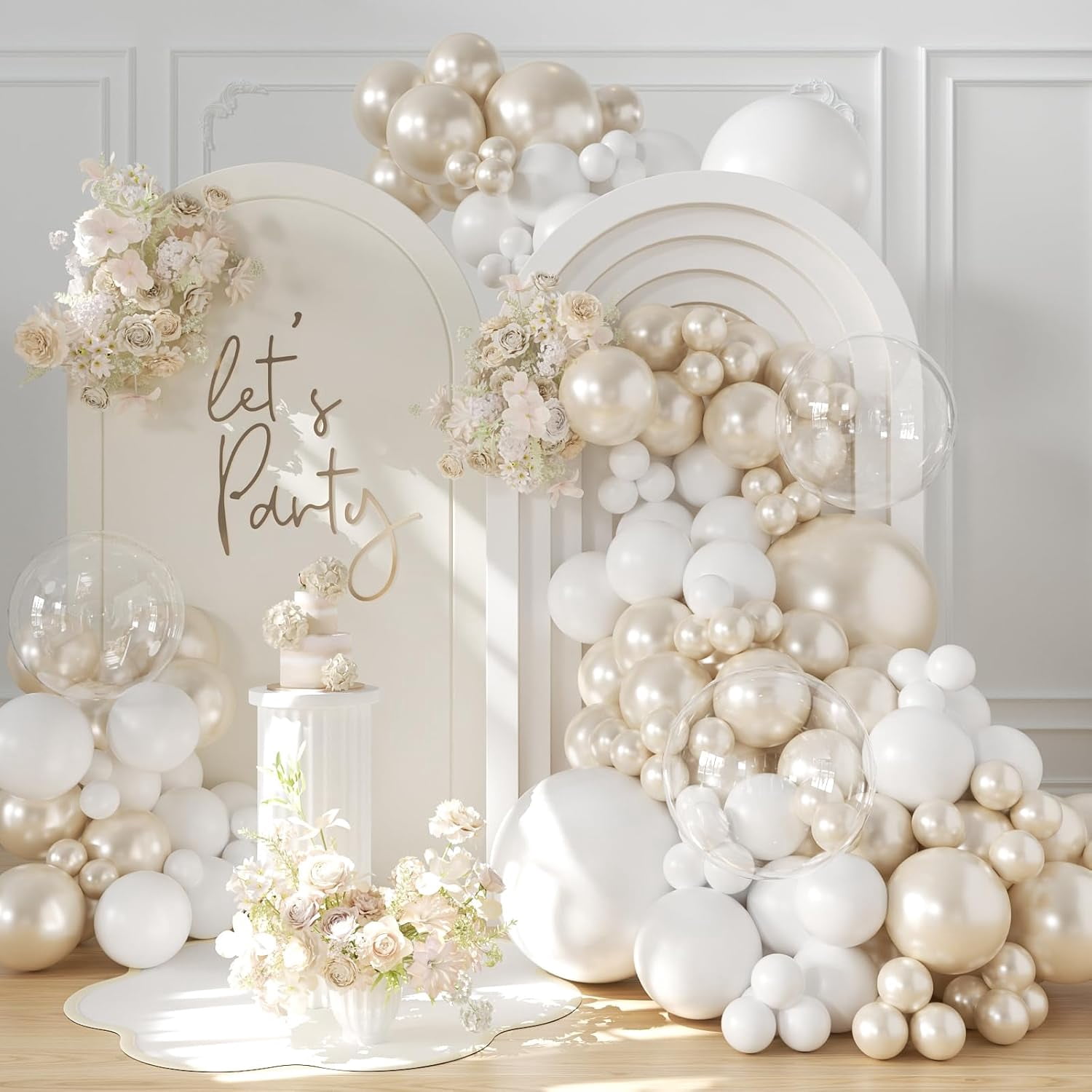 Pearl White Balloon Arch Kit with Double Stuffed Pearl Balloons and Clear Balloons for Wedding Bridal Shower Engagement Party Decorations