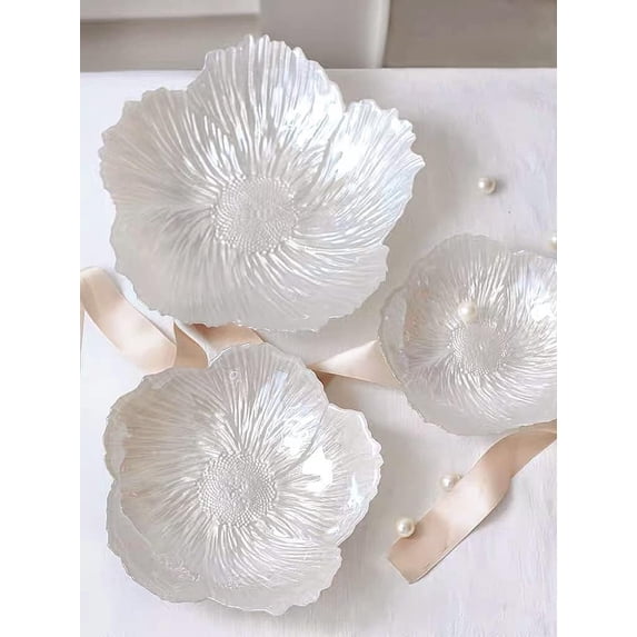 Pearl White Crystal Glass Fruit Bowl Set of 3, Table Centerpiece Fruit Plates for Dessert Candy Snack Bread Vegetables, Decorative Platter - Housewarming Wedding Birthday Gift (Whole Set(S&M&L))