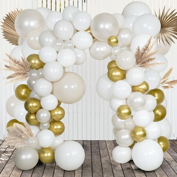 Pearl White Double Stuffed Balloon Arch Kit - Ivory, Cream & Champagne Gold Latex Balloons for Wedding, Bridal Shower, Birthday, Gender Reveal, Boho Party Garland Decor (98 Pcs)