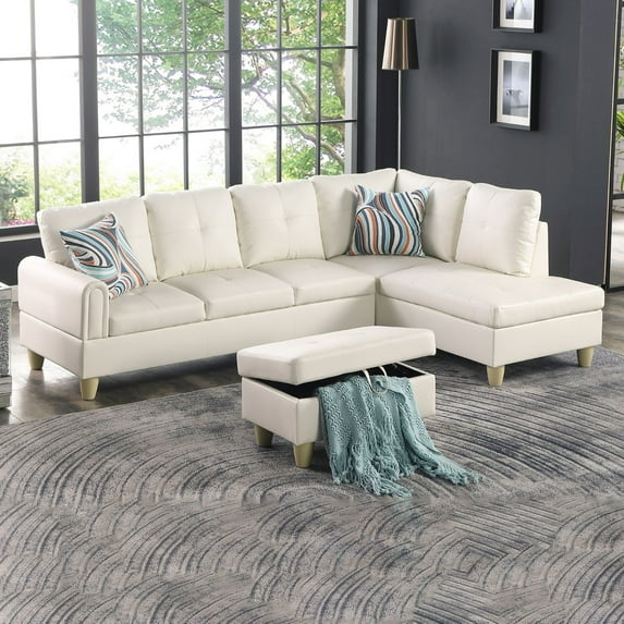 Pearl White Faux Leather Living Room Sofa Set