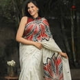 thumbnail image 1 of Pearl White Hand Painted Batik Pure Silk Saree, 1 of 2