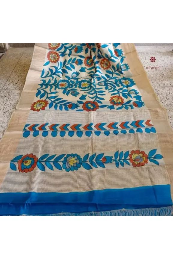 Pearl White Hand Painted Pen Kalamkari Saree