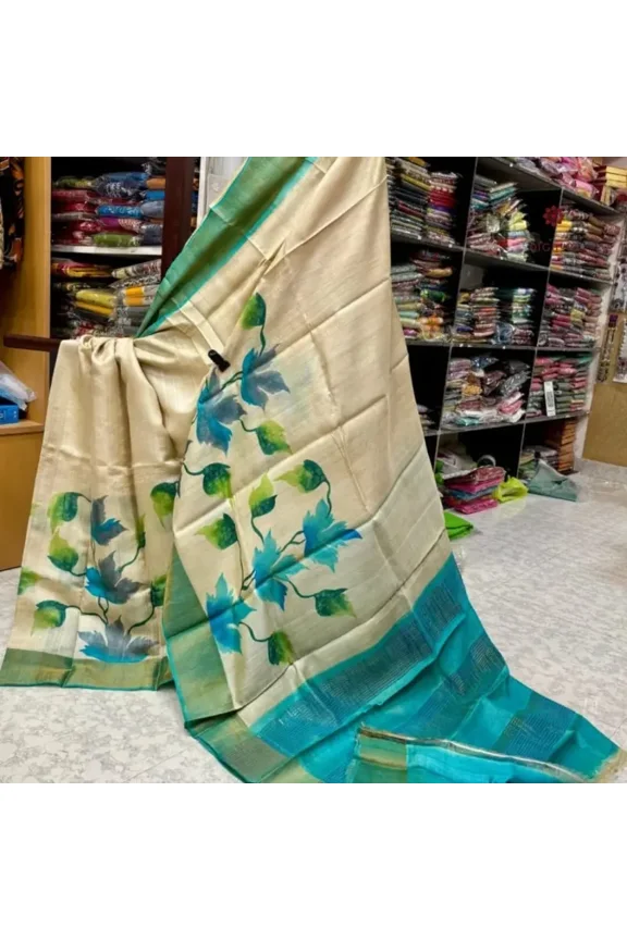 Pearl White Hand Painted Pure Gachi Tussar Silk Saree