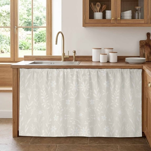 Pearl White Line Floral Cabinet Curtains for Kitchen 32"W x 55"L, Romantic Wildflowers Leaves Pantry Curtain Skirt Magic Tape Short Curtains Decor Privacy Panel for Utility Closet Bathroom