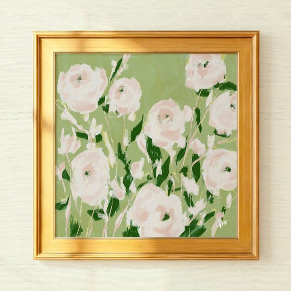 Pearl White Olive Green Roses Botanical Hand Drawn Floral Wall Art Rainey Studio