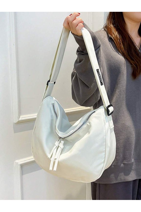 Pearl White Oversized Hobo Shoulder Bag With Zipper Closure And Tassel
