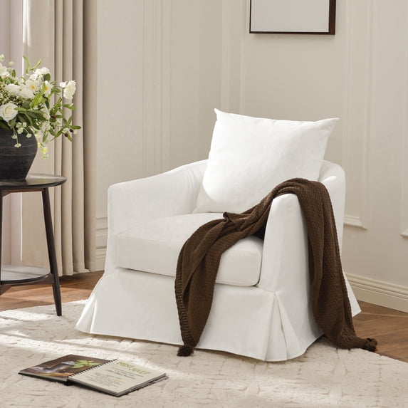 Pearl White Polyester Upholstered Swivel Barrel Armchair with Removable Washable Slipcover for Living Room, Bedroom, Feather Blend Cushion, Solid Wood Frame, Pillow Back, Fully Assembled