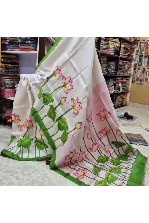 Pearl White Pure Silk Hand Painted Kalamkari Pure Saree
