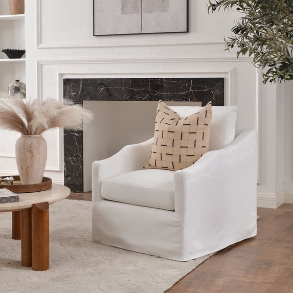 Pearl White Slipcovered Swivel Barrel Accent Chair with Removable Cushions, Modern Upholstered Armchair