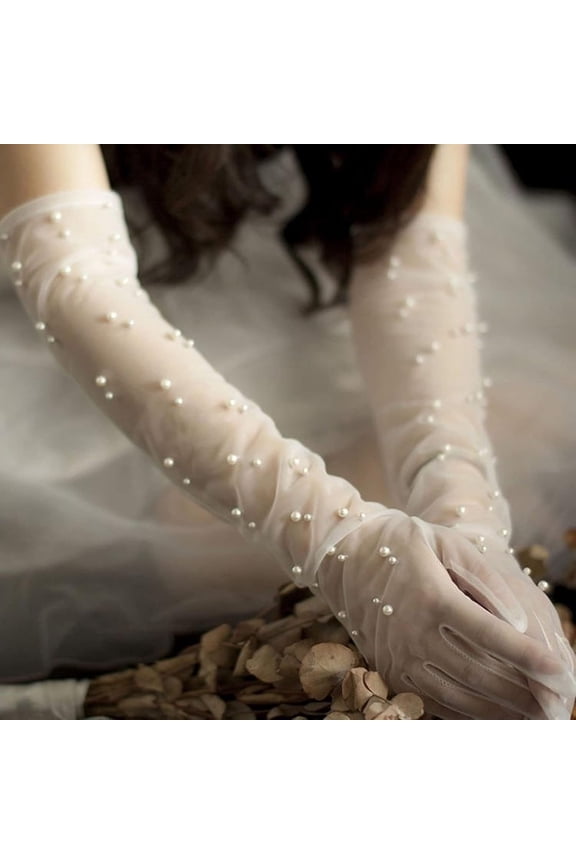 Pearl Womens Wedding Gloves Long Tulle White Finger Lace Opera Evening Party Sheer Gloves for Brides