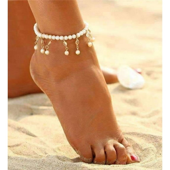 Pearl and Crystal Drop Ankle Bracelet Accented In Silver or Gold