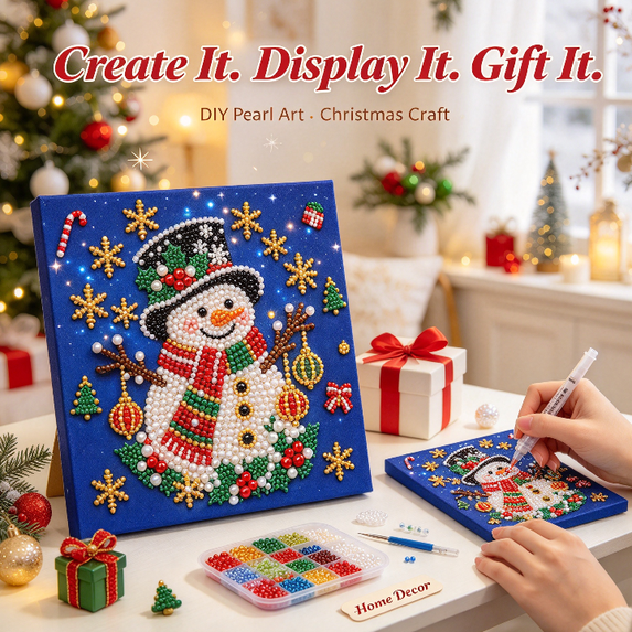 Pearl and Diamond Art Kits for Adults, Snowman Craft Kit with Pearls Diamonds and Easel, Charming Christmas Tabletop Decoration to Assemble