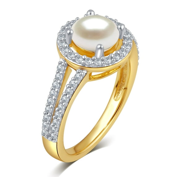 Pearl and White Sapphire Halo Birthstone Ring in Sterling Silver