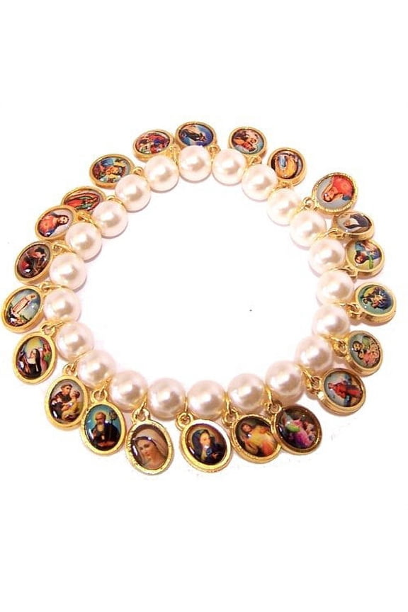 Pearl beads elastic bracelet with Saints icons (6cm or 2.36" is diameter inside circle when not expanded)