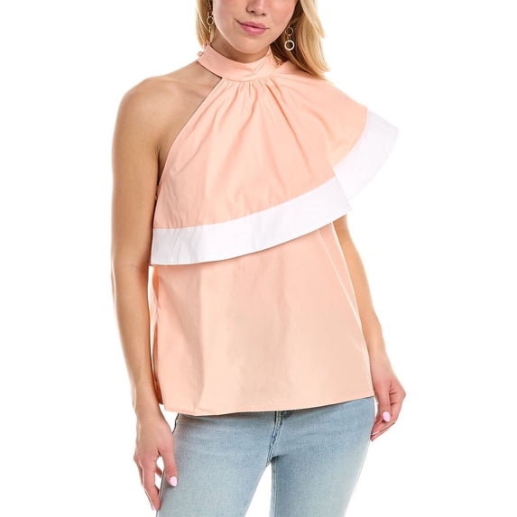 Pearl by Lela Rose womens Poplin Asymmetrical Ruffle Top, L, Pink