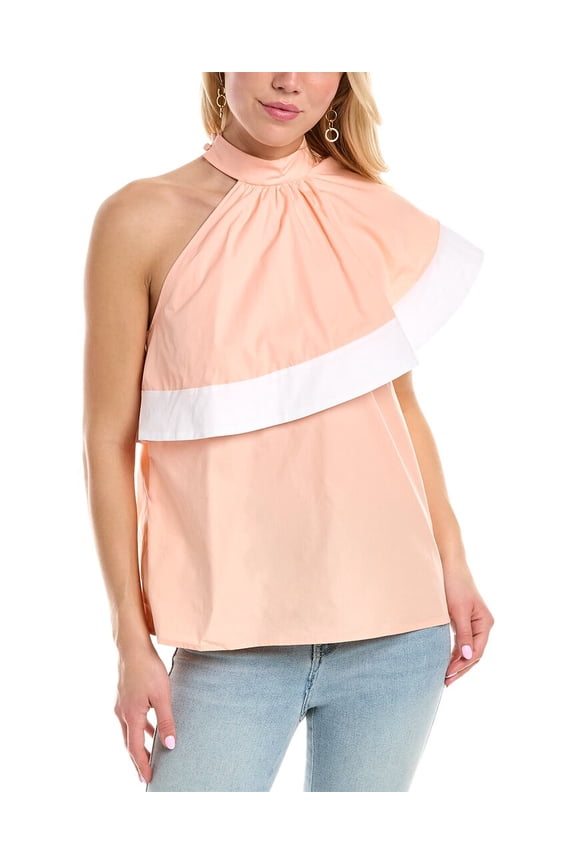 Pearl by Lela Rose womens Poplin Asymmetrical Ruffle Top, XS, Pink