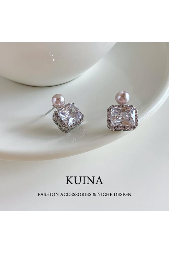 Pearl earrings new explosive models of sterling silver needle earrings square diamond light luxury senior sense of unique personality temperament earrings female