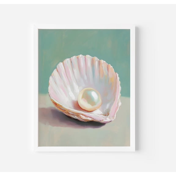 Pearl in Oyster Shell Art Poster Vintage Coastal Decor, Unframed Poster Size 16x24 F03.1.19l1085