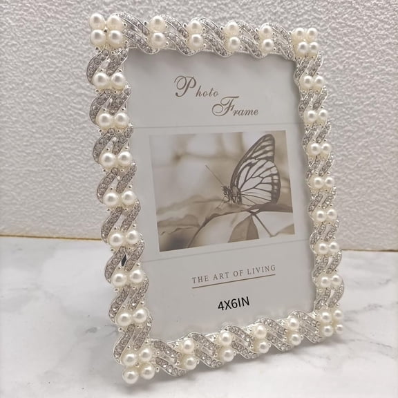 Pearl metal Photo Frame, 4x6 inch Silver Plated with High Definition Glass Photo Frame, Pearls Inlaid with White Electroplated Shiny Silver Zinc Alloy