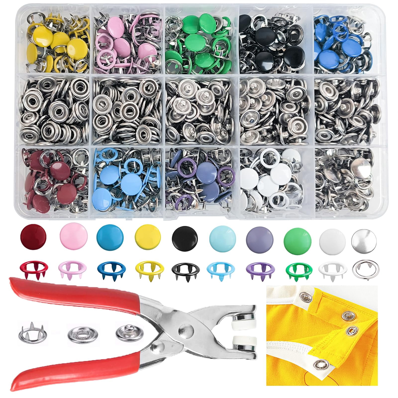 Pearl snaps button kit 400 pieces 100 sets 10 mm copper snap fasteners with pliers 5 colors for diy clothing repair