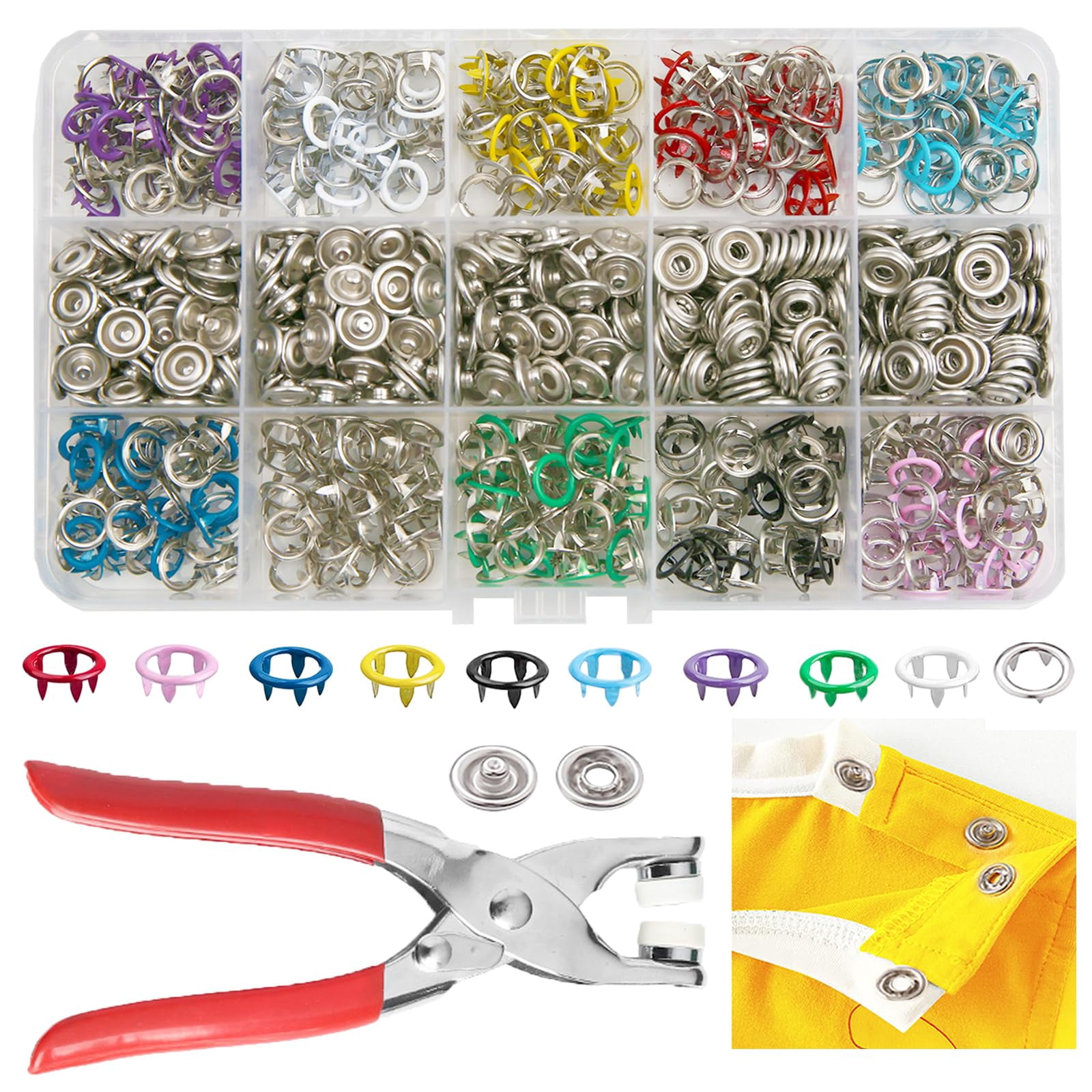 Pearl snaps button kit 400 pieces 100 sets 10 mm copper snap fasteners with pliers 5 colors for diy clothing repair