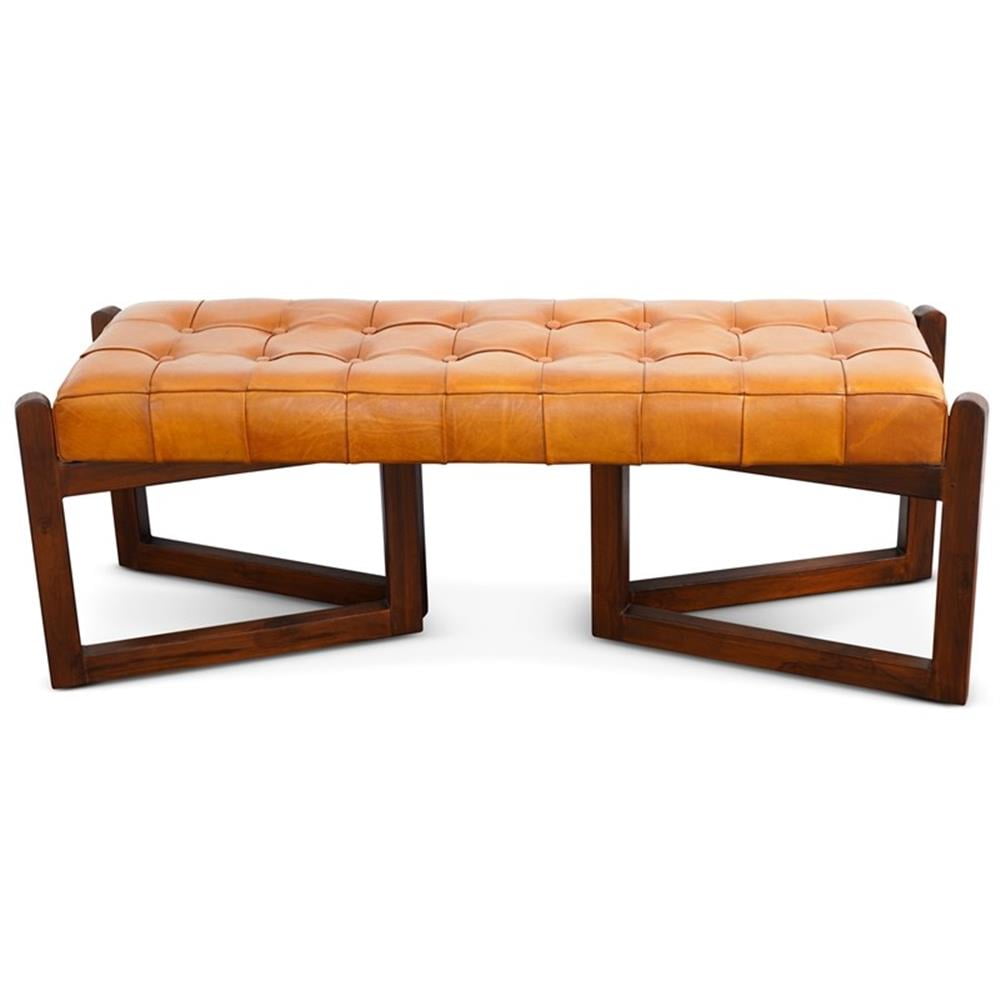 Tan Leather and Teak Wood Mid-Century Modern Bench