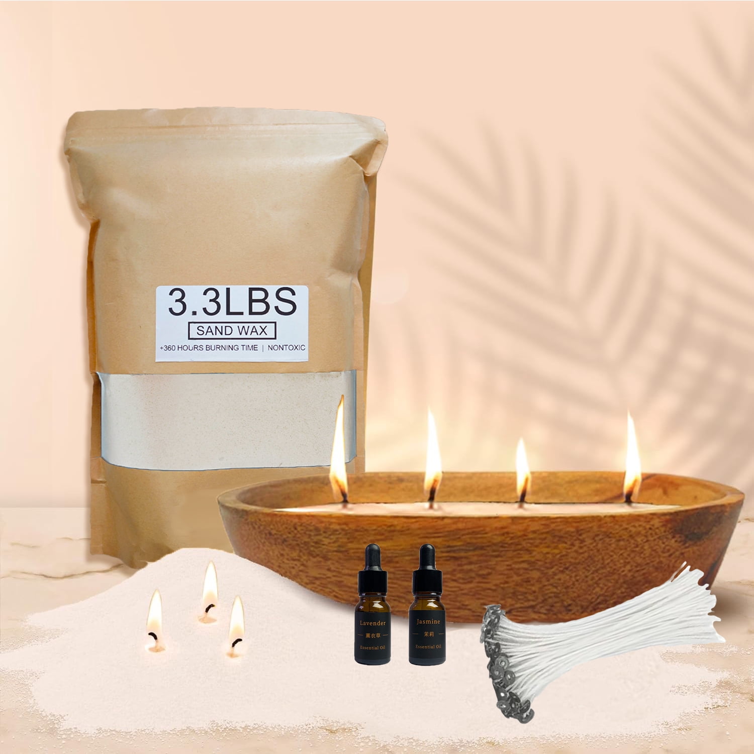 Pearled Candle Sand Gift Set with Wicks,3.3 lbs Sand Wax Candle Kit:Wooden Dough Bowl,100 Wicks,Scented Oil,Up to 360 Hours Burn Time,Non-Toxic,Reusable Candle Making Kit,White