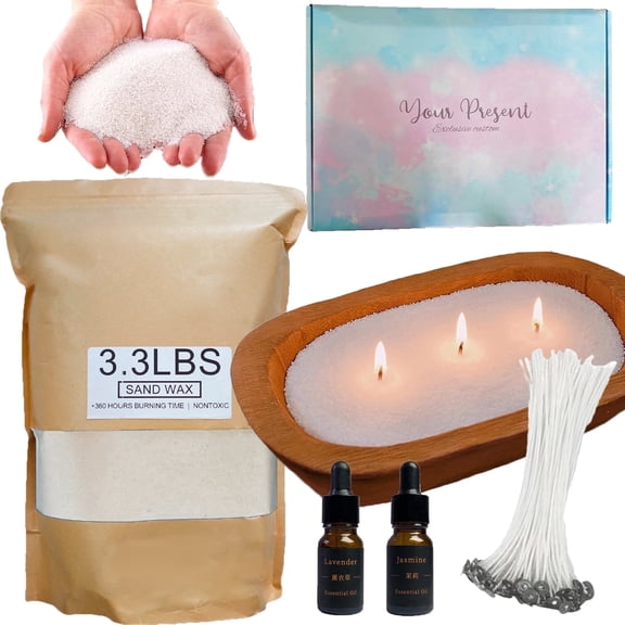 Pearled Candle Sand Gift Set with Wicks,3.3 lbs Sand Wax Candle Kit:Wooden Dough Bowl,100 Wicks,Scented Oil,Up to 360 Hours Burn Time,Non-Toxic,Reusable Candle Making Kit,White