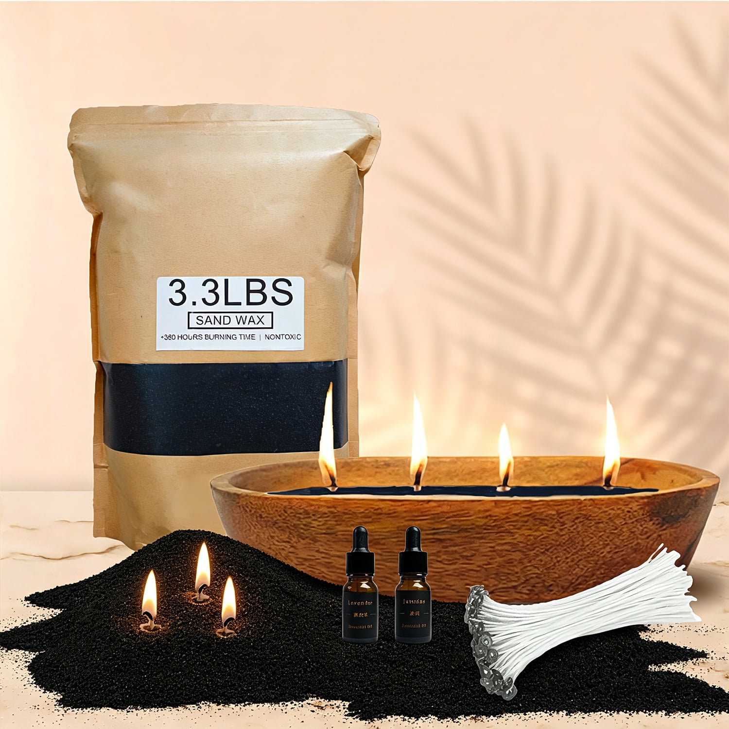Pearled Candle Sand Gift Set with Wicks,3.3 lbs Sand Wax Candle Kit:Wooden Dough Bowl,100 Wicks,Scented Oil,Up to 360 Hours Burn Time,Non-Toxic,Reusable Candle Making Kit,Black