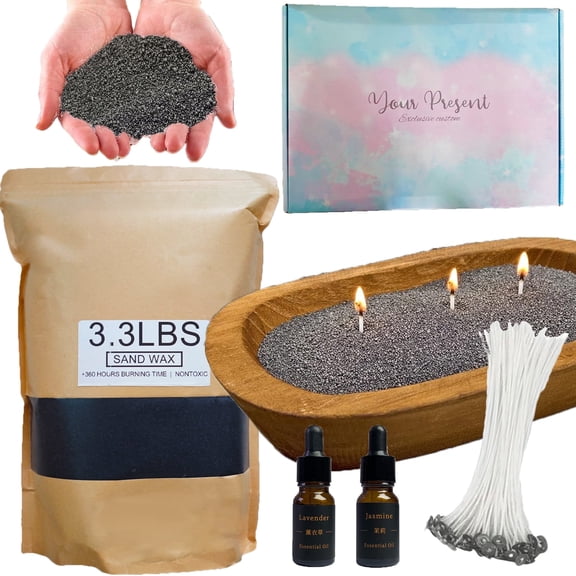 Pearled Candle Sand Gift Set with Wicks,3.3 lbs Sand Wax Candle Kit:Wooden Dough Bowl,100 Wicks,Scented Oil,Up to 360 Hours Burn Time,Non-Toxic,Reusable Candle Making Kit,Black