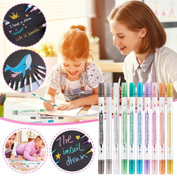 Pearlescent Paint Pens Dual Tip, QQZ Metallic Brush Markers for DIY Albums, 5ml Quick Dry Sparkle Ink Pens for Black Cardboard Art Journaling