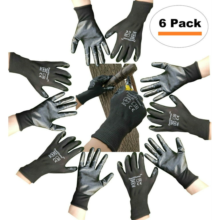 PearliHome Black Nitrile Bulk Work Gloves with grip all purpose - Garden  Warehouse cleaning painting gloves - 6 Pack 