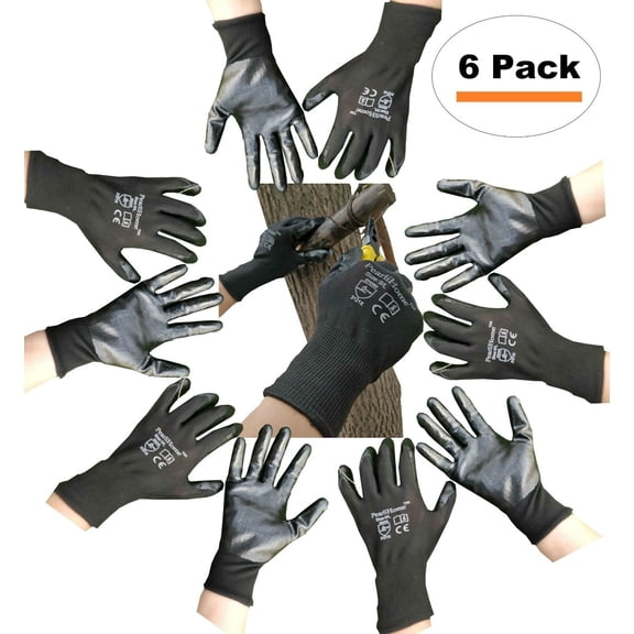 PearliHome Black Nitrile Bulk Work Gloves with grip all purpose - Garden Warehouse cleaning painting gloves - 6 Pack