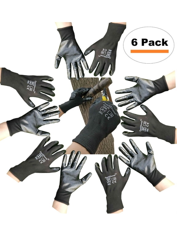 Black Nitrile Bulk Work Gloves with grip all purpose - Garden Warehouse cleaning painting gloves - 6 Pack