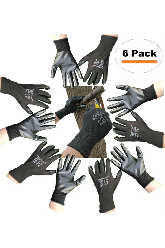 Black Nitrile Bulk Work Gloves with grip all purpose - Garden Warehouse cleaning painting gloves - 6 Pack