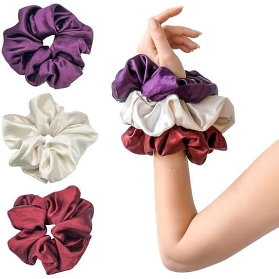 Pearlized Satin  Scrunchies, 3-Pack Shimmer Large Hair Scrunchies for Women, Soft Hair Ties & Ponytail Holders, , Purple, Burgundy