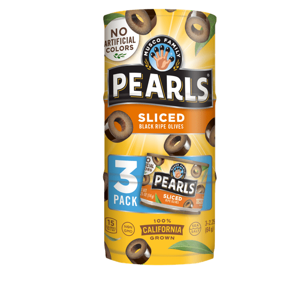 Pearls (3 pack Cans), 2.25 oz Sliced Olives. No Artificial Colors. Major Allergens Not Contained.