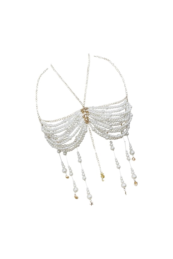 Pearls Beaded Halter Top Body Chain Bralette for Music Festivals and Parties
