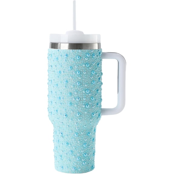 Pearls Bling 40 oz Tumbler with Handle and Straw | Rhinestones 100% Leakproof Stainless Steel Insulated Tumbler with Lid and Straw | Cup Holder Friendly Base -Blue