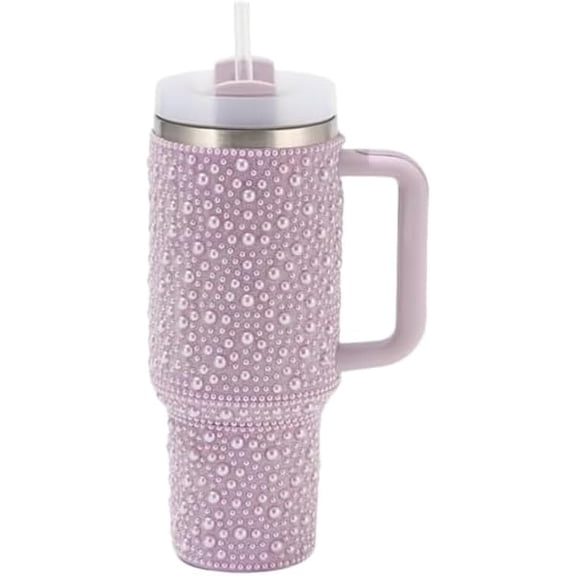 Pearls Bling 40 oz Tumbler with Handle and Straw | Rhinestones 100% Leakproof Stainless Steel Insulated Tumbler with Lid and Straw | Cup Holder Friendly Base -Purple