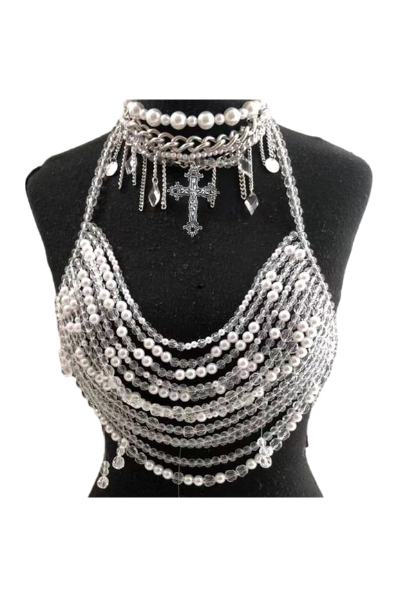Pearls Body Chain Bra Bikinis Chain Chest Chain Fashion Body Chain Jewelry Accessories Adjustable for Raves Party Beach