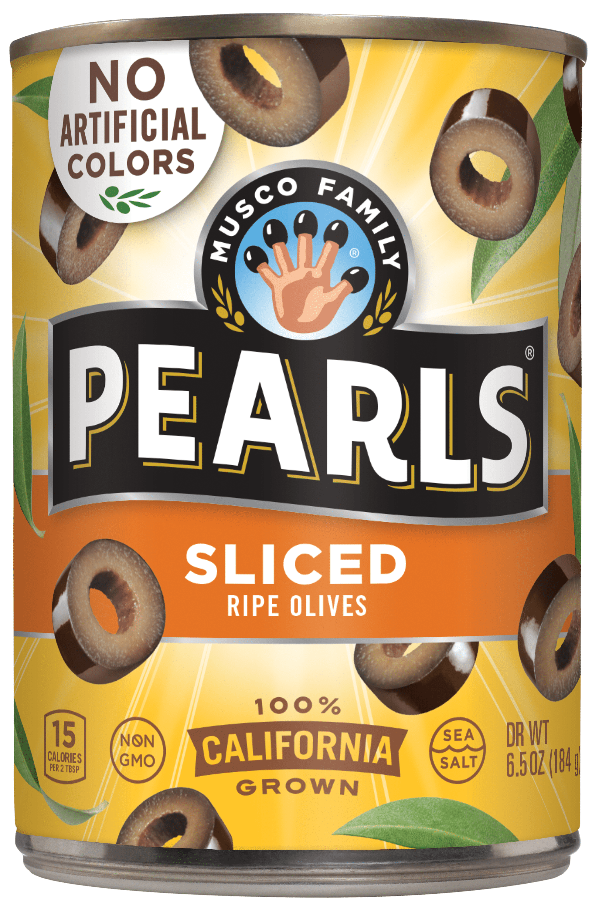 Pearls California Ripe Olives, Sliced, 6.5 oz. Major Allergens Not Contained. Gluten Free.