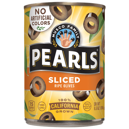 Pearls California Ripe Olives, Sliced, 6.5 oz. Major Allergens Not Contained.  Gluten Free.