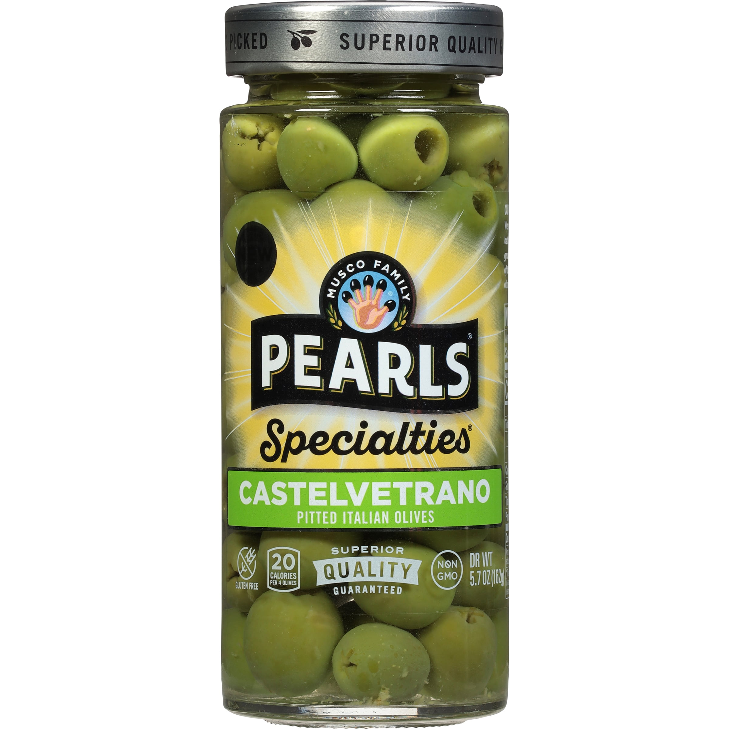 Pearls - Castelvetrano Pitted Italian Olives 5.7 oz Jar. Nine Major Allergens Not Contained. Gluten Free.