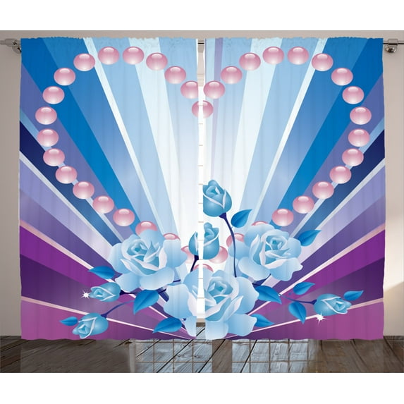 Ambesonne Bridal Curtains 2 Panel Set, Valentines Roses Heart, 108" x 90", Blue Purple Pink