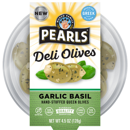 Pearls Deli Olives Garlic Stuffed Olives w/ Basil 4.5 oz Tub. Major Allergens Not Contained.