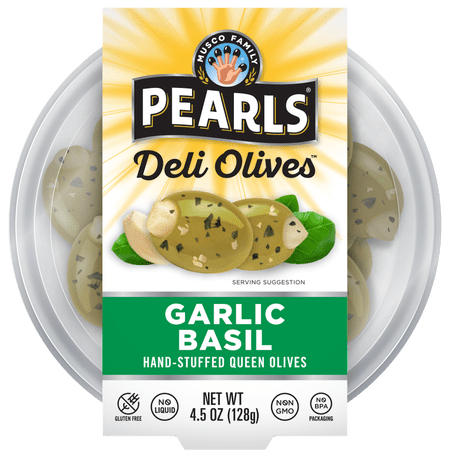 Pearls Deli Olives Garlic Stuffed Olives w/ Basil 4.5 oz Tub. Major Allergens Not Contained.